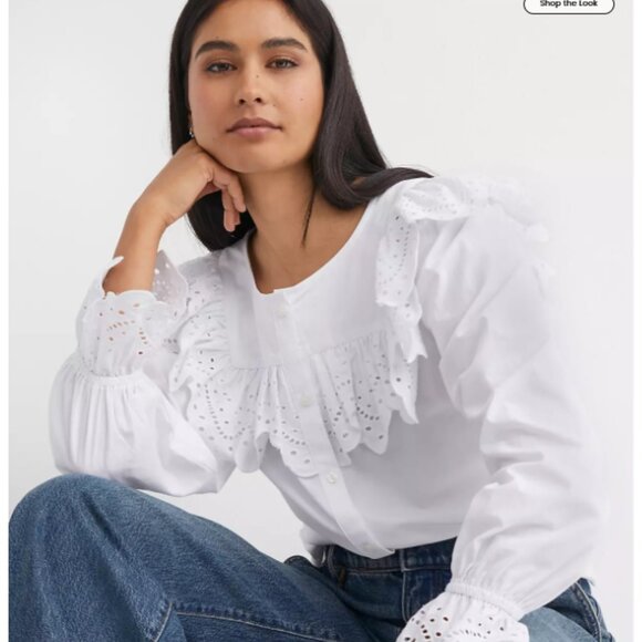 LOFT White Eyelet Broderie Ruffle Blouse Size XS - Picture 3 of 14